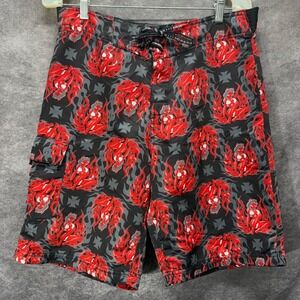 Vintage Y2K No Fear Devil Girl Flame Iron Cross Board Shorts Mens 32 Black Red